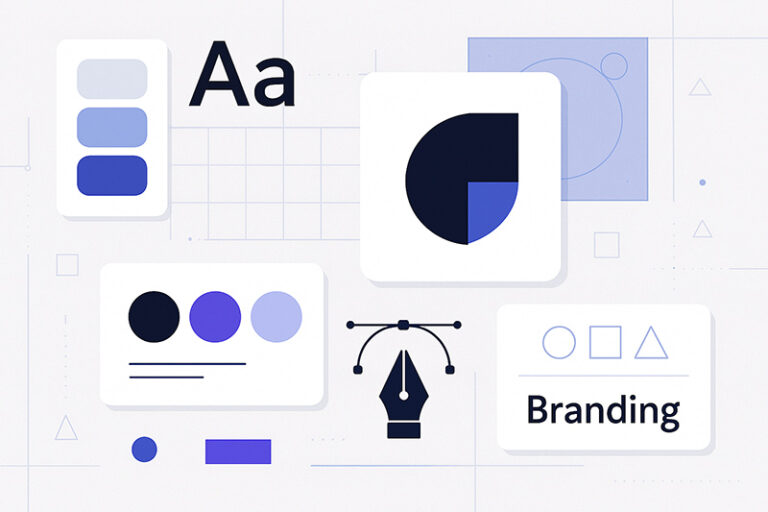 Moodboard digital cu elemente vizuale de branding și design, reprezentând serviciile oferite de Sarghy Design