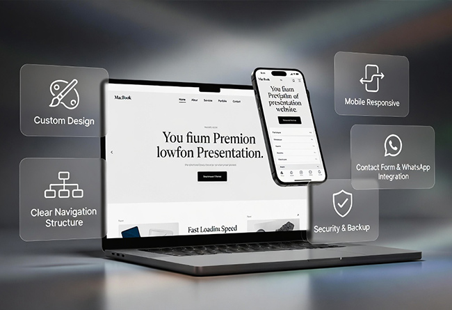 Mockup cu site de prezentare afișat pe laptop și telefon, evidențiind designul responsive și elementele esențiale ale unui website modern