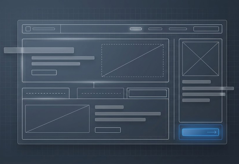 Wireframe abstract de website în culorile Sarghy Design, cu secțiuni, header și buton evidențiat.